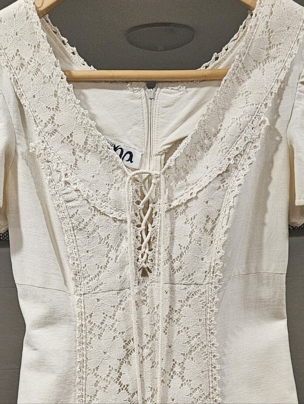 VTG 70s OOPS California Prairie Dress Ivory Lace Up Cottagecore S/XS - Picture 8 of 8